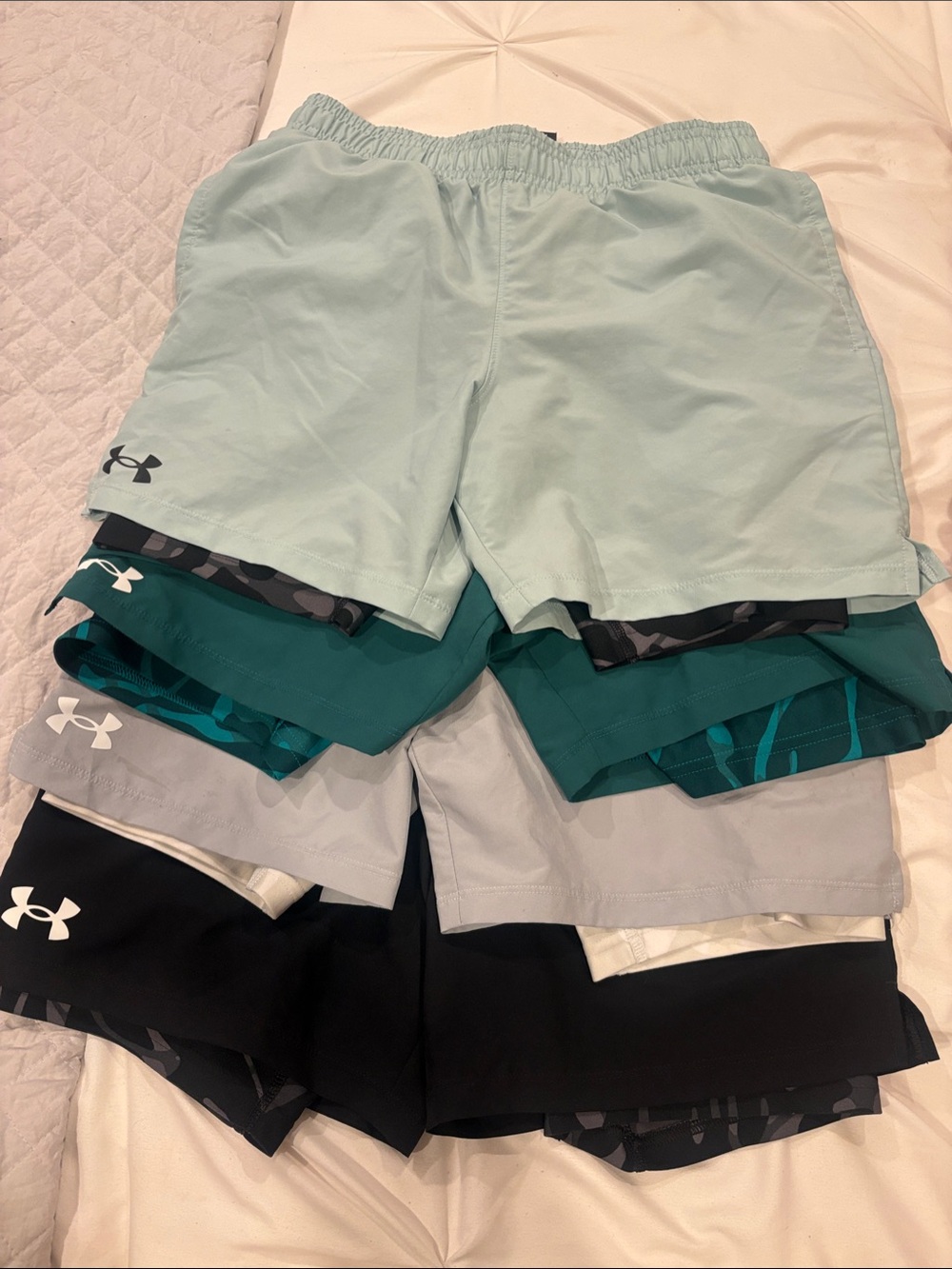 Under Armour Kids Light Aqua, Teal, Black, Gray Athletic Shorts 4 Pack YL